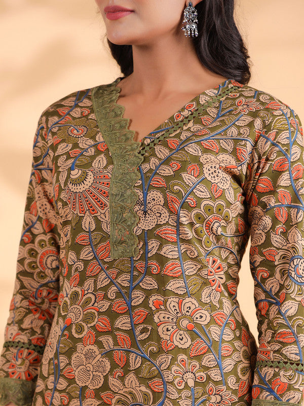 Mahendi Floral Print Straight Cotton Stitched Kurta