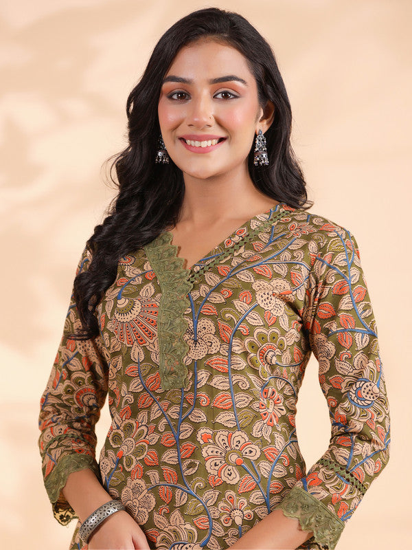 Mahendi Floral Print Straight Cotton Stitched Kurta