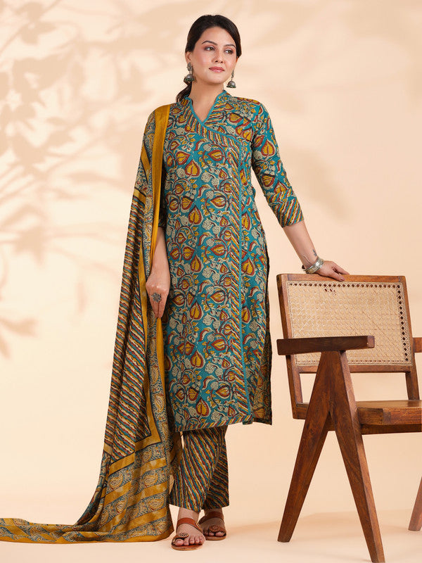 Aqua Blue Floral Print With Sequence Work Angarkha Cotton Stitched Kurta Set