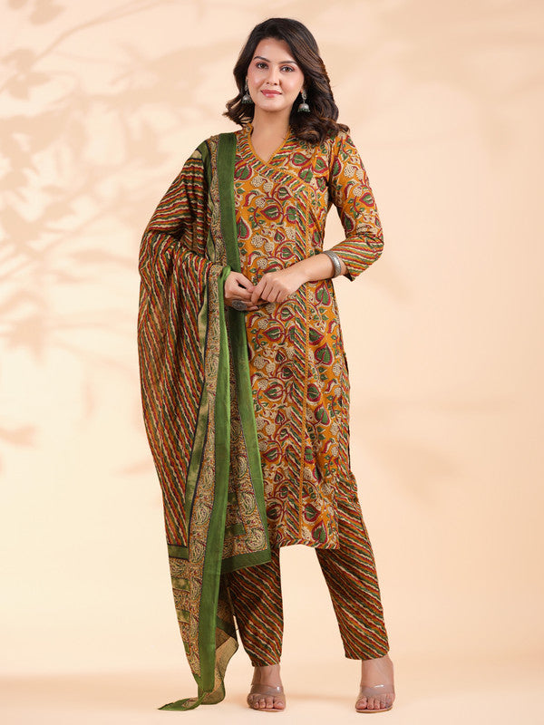 Mustard Floral Print With Sequence Work Angarkha Cotton Stitched Kurta Set