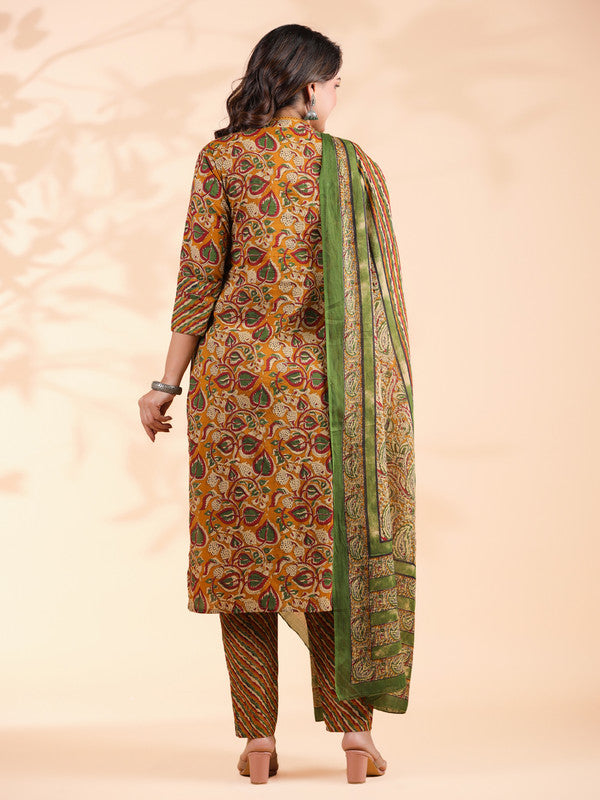 Mustard Floral Print With Sequence Work Angarkha Cotton Stitched Kurta Set