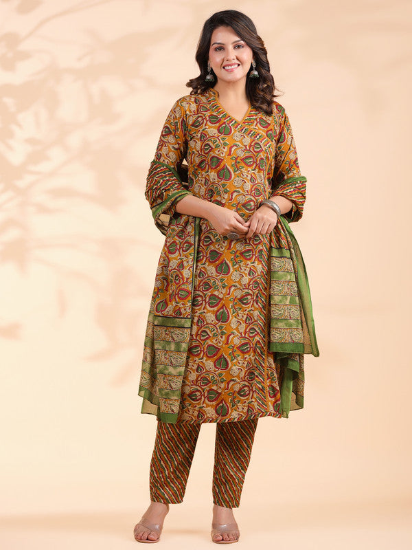 Mustard Floral Print With Sequence Work Angarkha Cotton Stitched Kurta Set