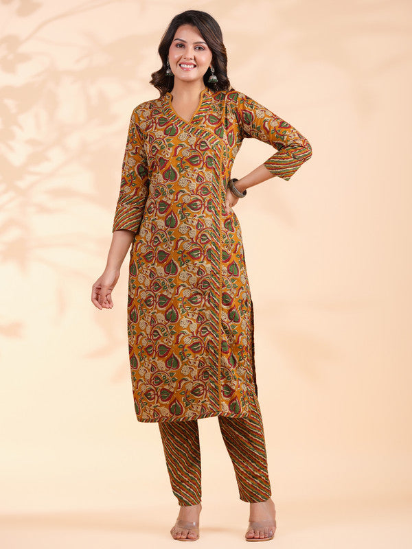 Mustard Floral Print With Sequence Work Angarkha Cotton Stitched Kurta Set