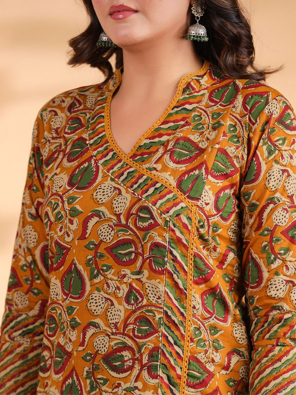 Mustard Floral Print With Sequence Work Angarkha Cotton Stitched Kurta Set