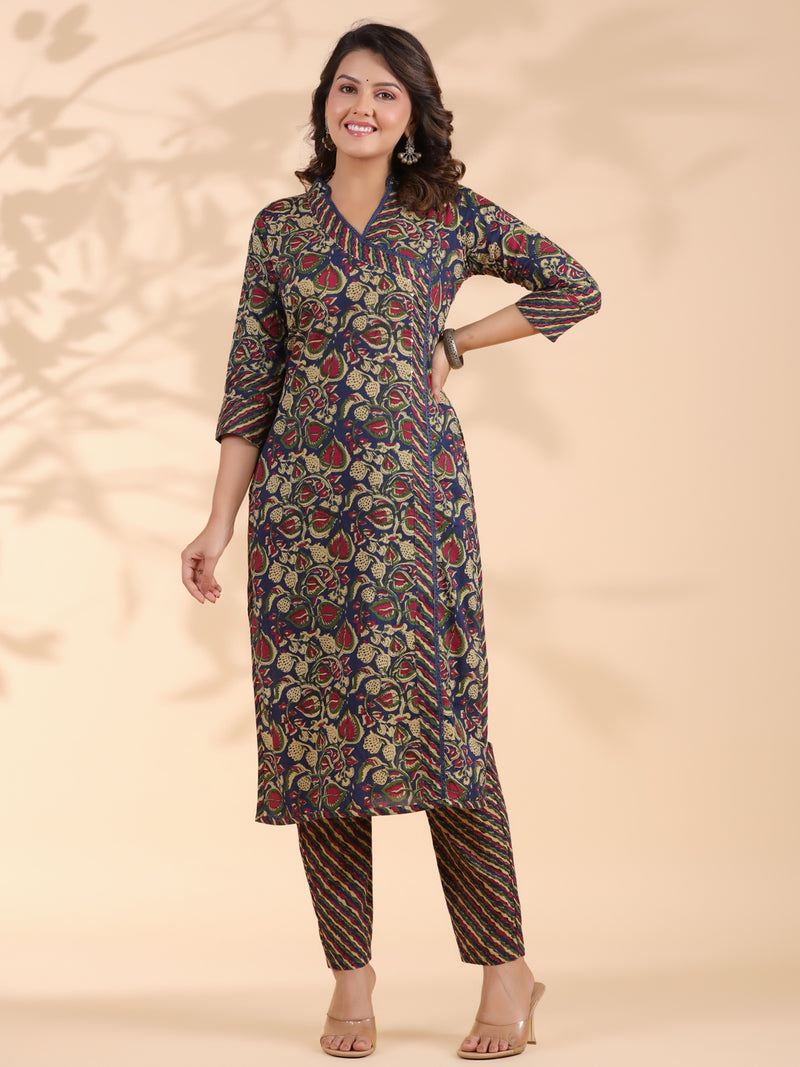 Blue Floral Print With Sequence Work Angarkha Cotton Stitched Kurta Set