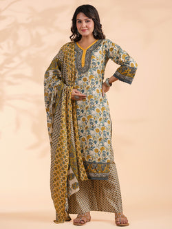 Yellow Floral Print Straight Cotton Stitched Kurta Set