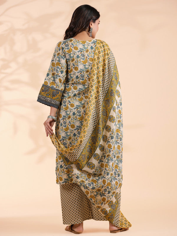 Yellow Floral Print Straight Cotton Stitched Kurta Set