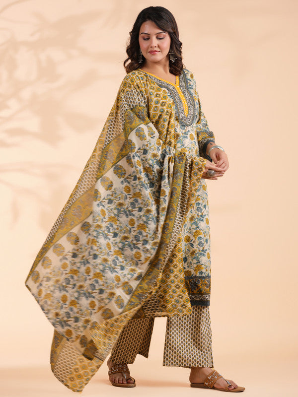 Yellow Floral Print Straight Cotton Stitched Kurta Set