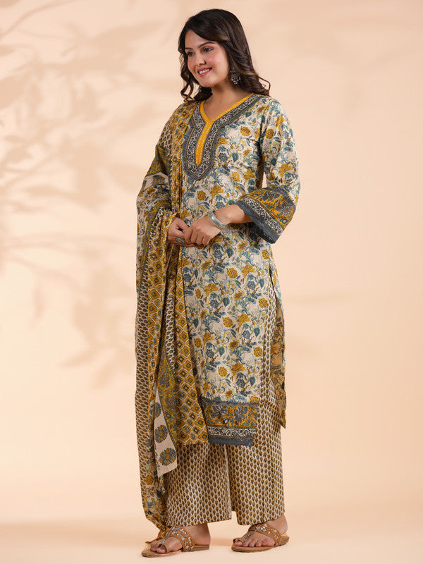 Yellow Floral Print Straight Cotton Stitched Kurta Set