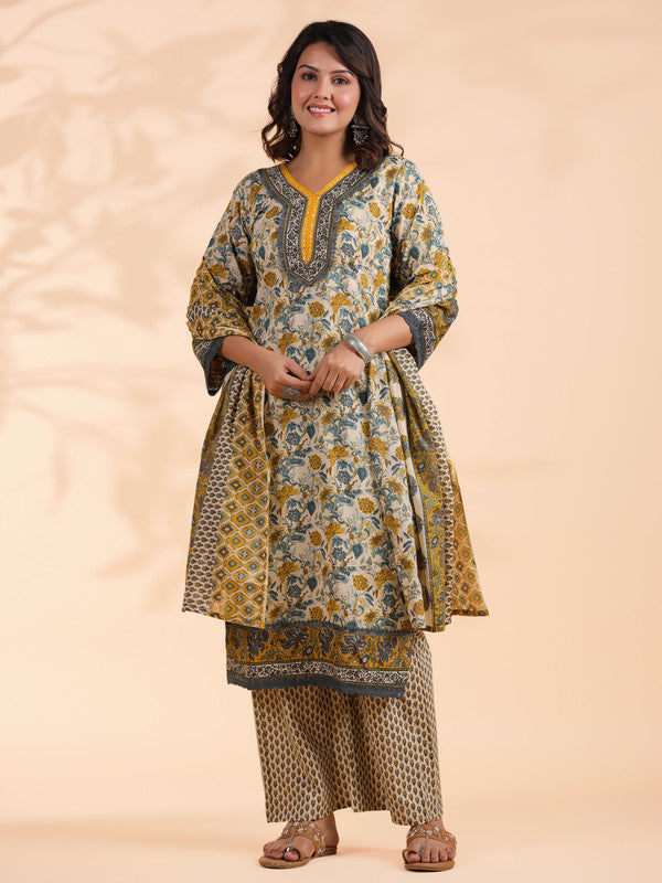 Yellow Floral Print Straight Cotton Stitched Kurta Set