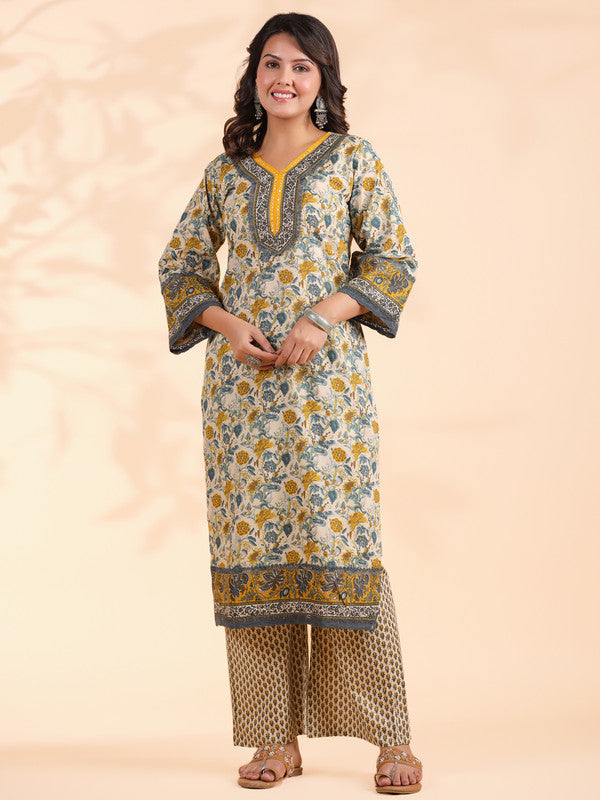 Yellow Floral Print Straight Cotton Stitched Kurta Set