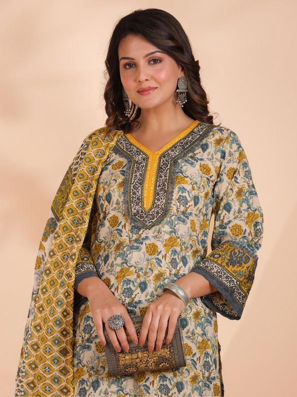 Yellow Floral Print Straight Cotton Stitched Kurta Set