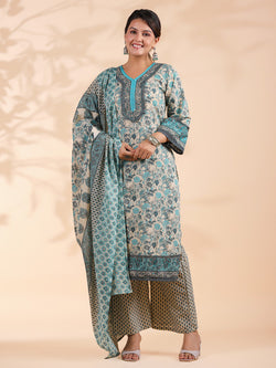 Turquoise Floral Print Straight Cotton Stitched Kurta Set