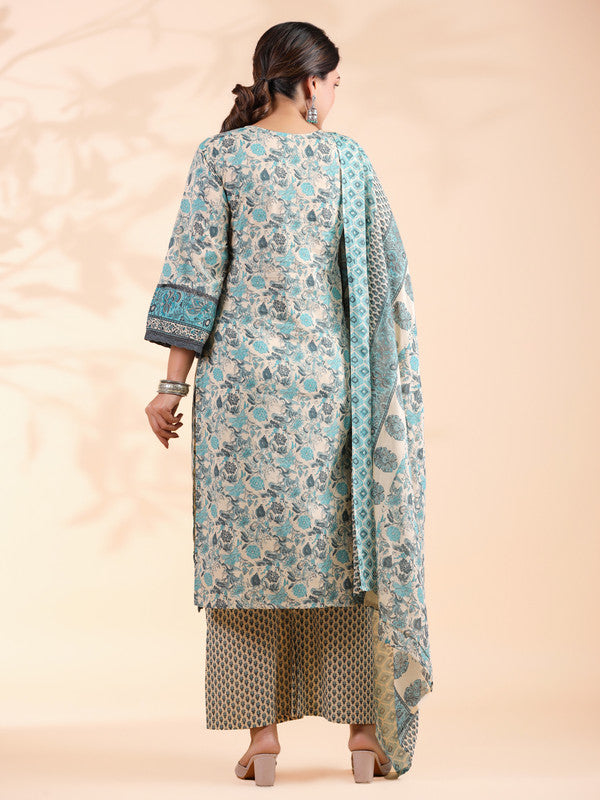 Turquoise Floral Print Straight Cotton Stitched Kurta Set