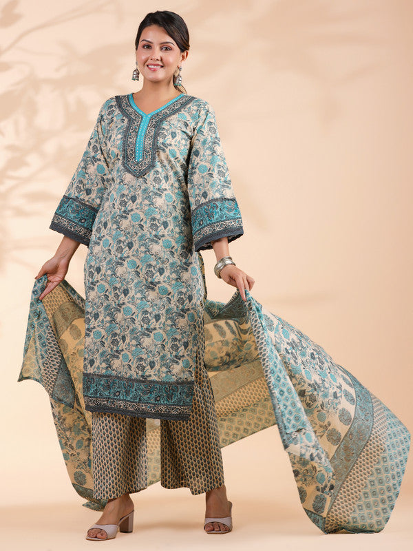 Turquoise Floral Print Straight Cotton Stitched Kurta Set