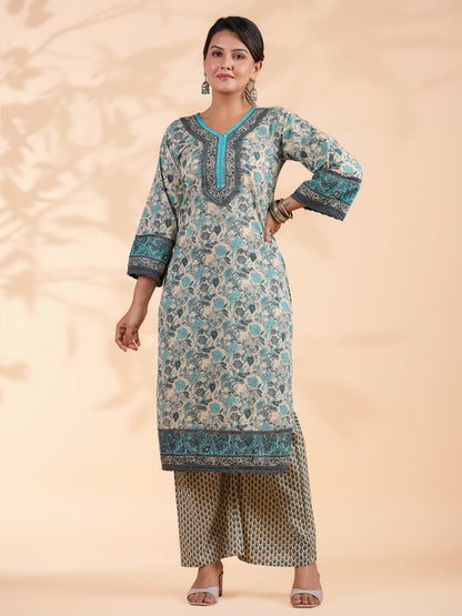 Turquoise Floral Print Straight Cotton Stitched Kurta Set