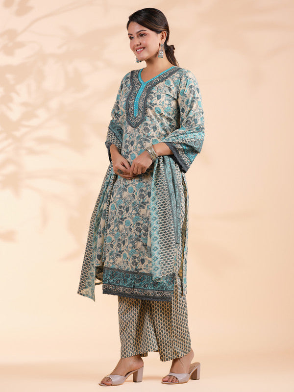 Turquoise Floral Print Straight Cotton Stitched Kurta Set