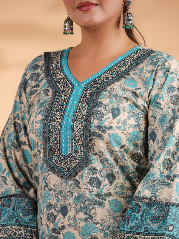 Turquoise Floral Print Straight Cotton Stitched Kurta Set