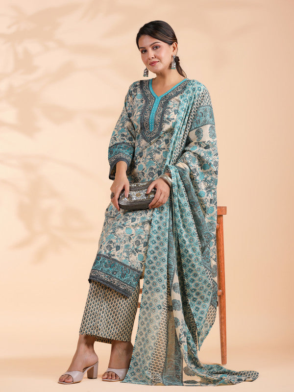 Turquoise Floral Print Straight Cotton Stitched Kurta Set