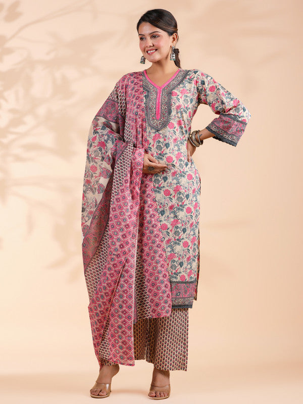 Pink Floral Print Straight Cotton Stitched Kurta Set