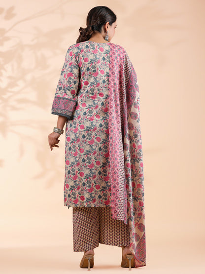 Pink Floral Print Straight Cotton Stitched Kurta Set