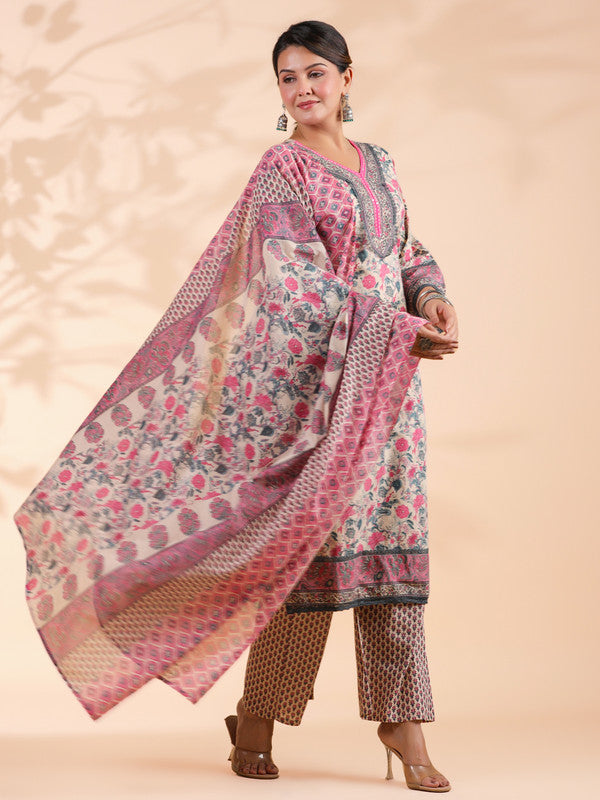 Pink Floral Print Straight Cotton Stitched Kurta Set