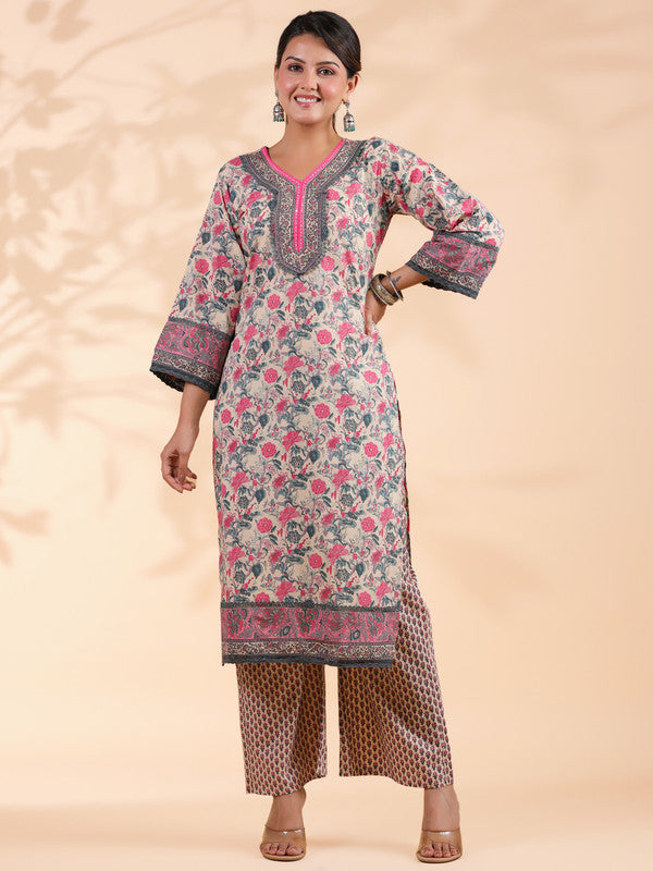 Pink Floral Print Straight Cotton Stitched Kurta Set