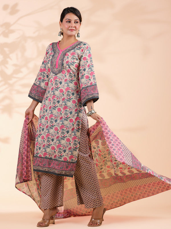 Pink Floral Print Straight Cotton Stitched Kurta Set