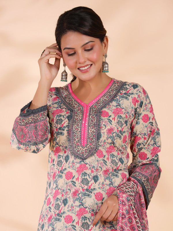 Pink Floral Print Straight Cotton Stitched Kurta Set