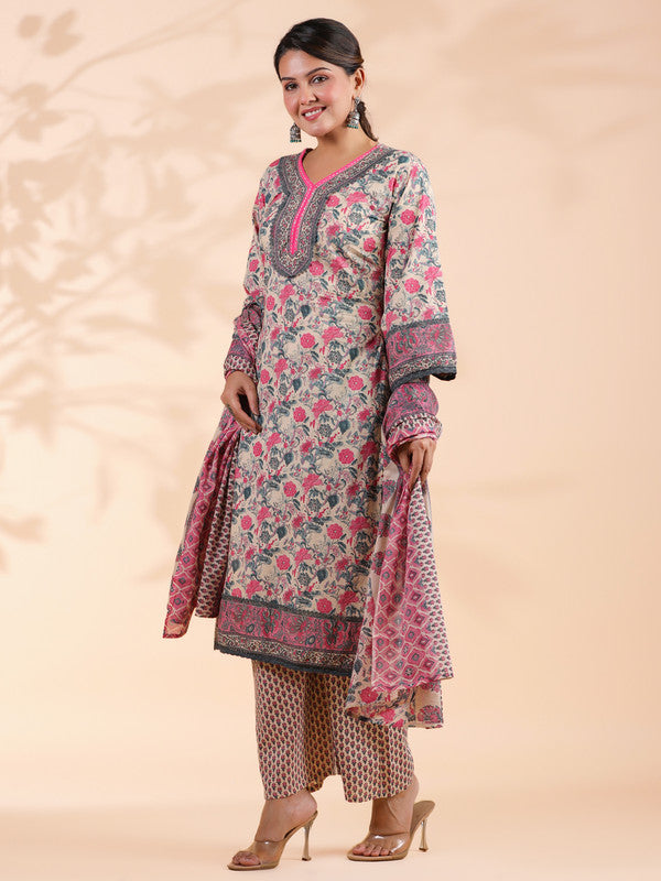 Pink Floral Print Straight Cotton Stitched Kurta Set