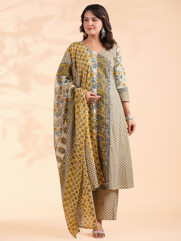 Yellow Floral Print A-Line Cotton Stitched Kurta Set