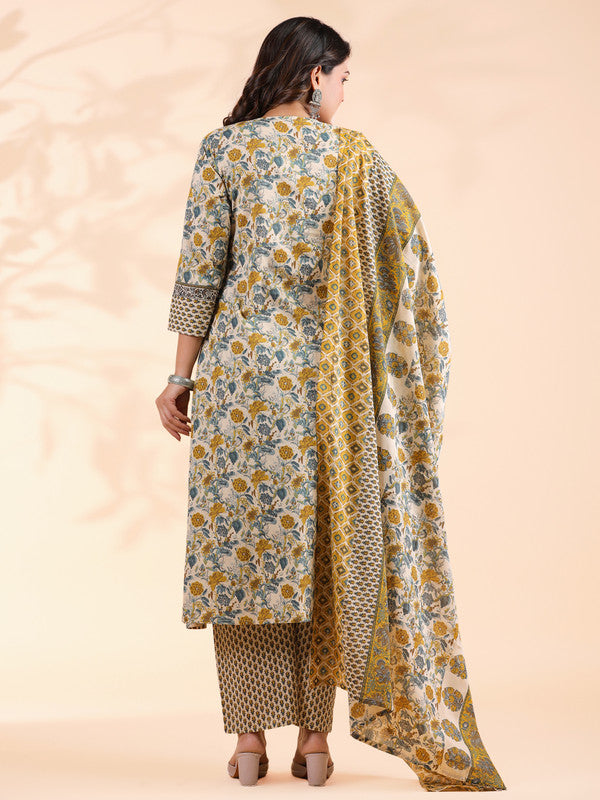 Yellow Floral Print A-Line Cotton Stitched Kurta Set