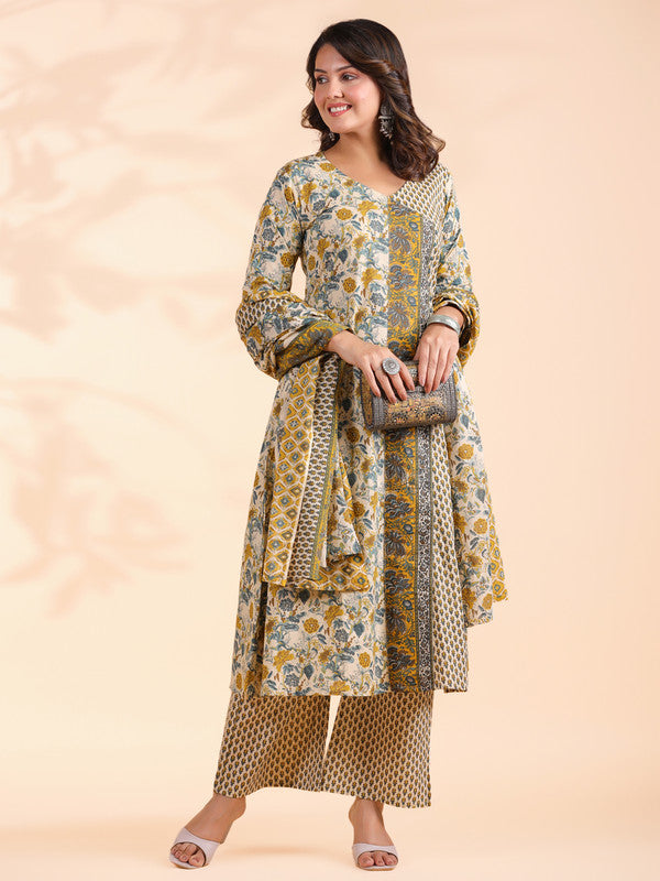 Yellow Floral Print A-Line Cotton Stitched Kurta Set