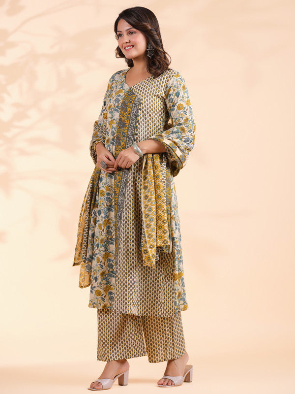 Yellow Floral Print A-Line Cotton Stitched Kurta Set