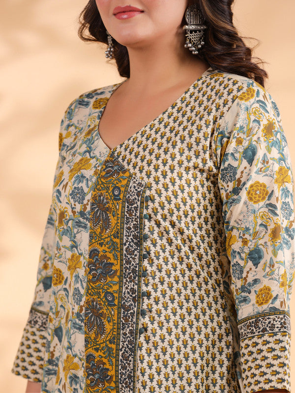 Yellow Floral Print A-Line Cotton Stitched Kurta Set