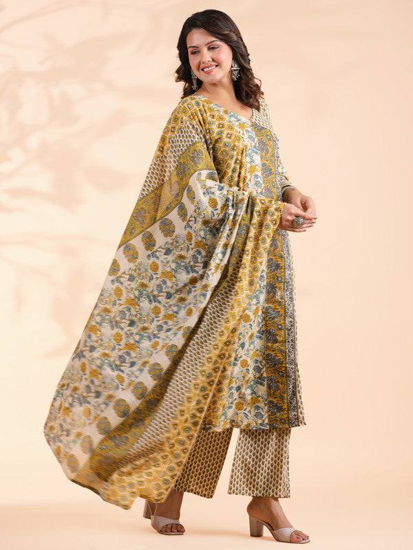 Yellow Floral Print A-Line Cotton Stitched Kurta Set