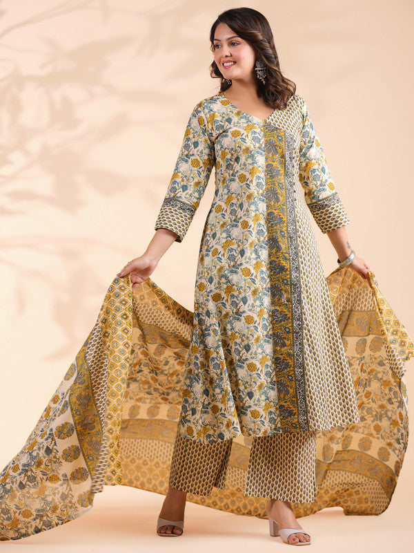 Yellow Floral Print A-Line Cotton Stitched Kurta Set