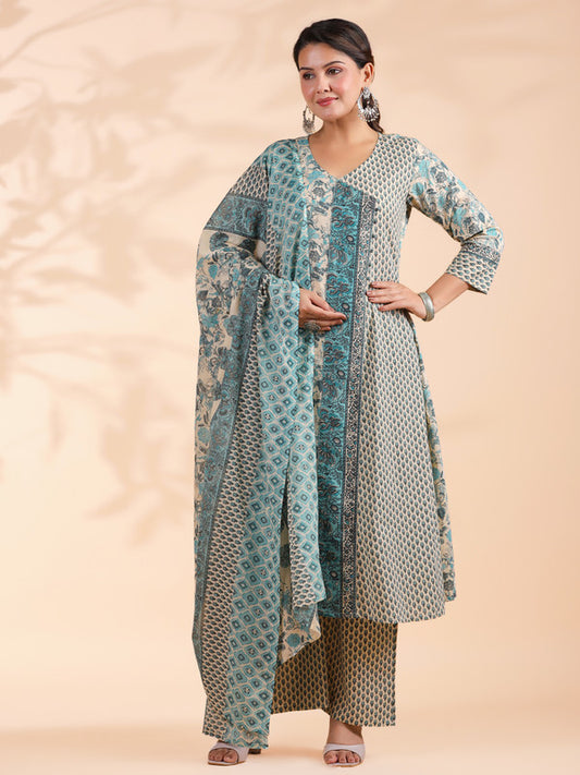 Sky Blue Floral Print A-Line Cotton Stitched Kurta Set