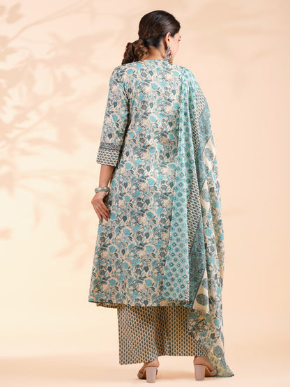 Sky Blue Floral Print A-Line Cotton Stitched Kurta Set