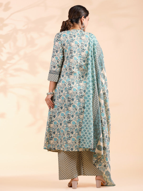 Sky Blue Floral Print A-Line Cotton Stitched Kurta Set