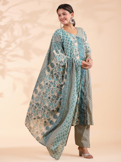 Sky Blue Floral Print A-Line Cotton Stitched Kurta Set