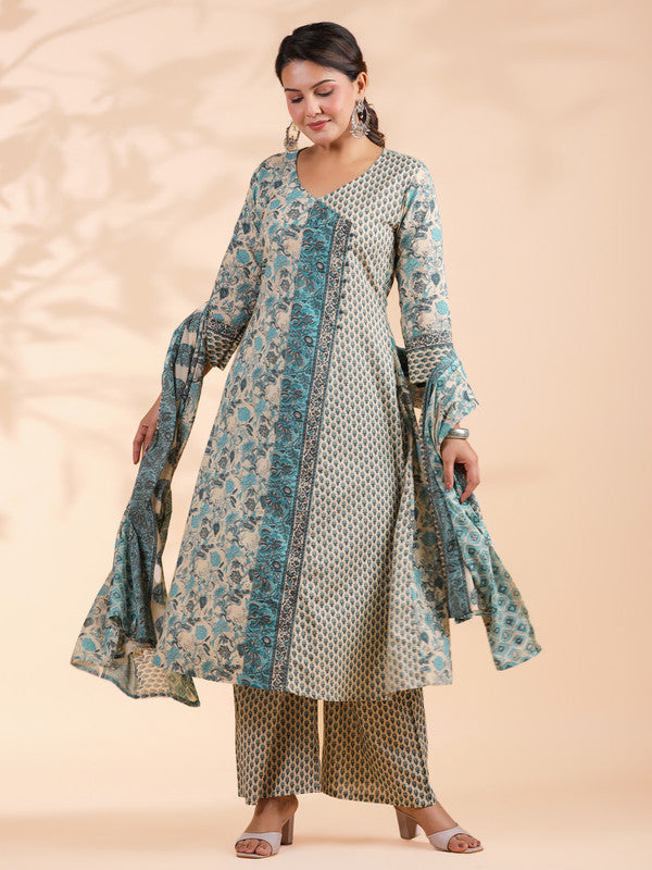 Sky Blue Floral Print A-Line Cotton Stitched Kurta Set