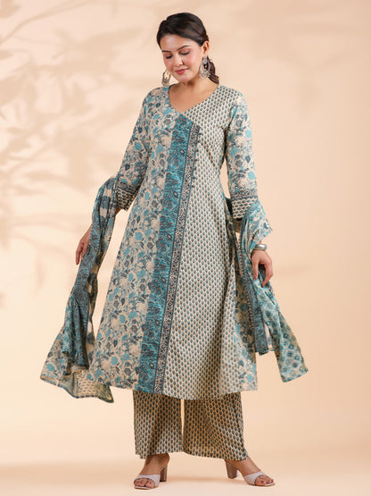 Sky Blue Floral Print A-Line Cotton Stitched Kurta Set