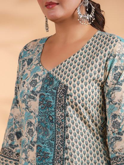 Sky Blue Floral Print A-Line Cotton Stitched Kurta Set