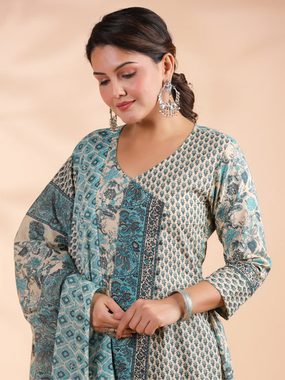 Sky Blue Floral Print A-Line Cotton Stitched Kurta Set