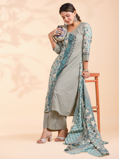 Sky Blue Floral Print A-Line Cotton Stitched Kurta Set