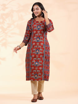 Red Animal Print Straight Cotton Stitched Kurta