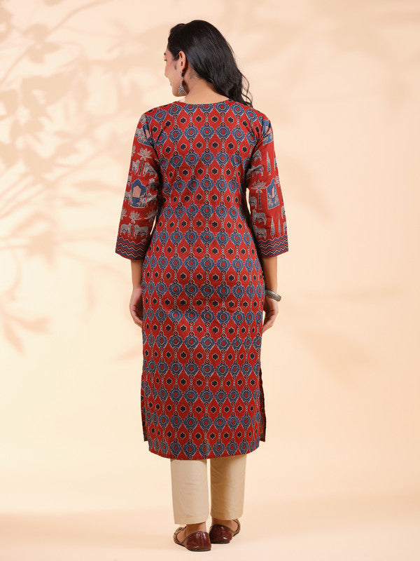 Red Animal Print Straight Cotton Stitched Kurta