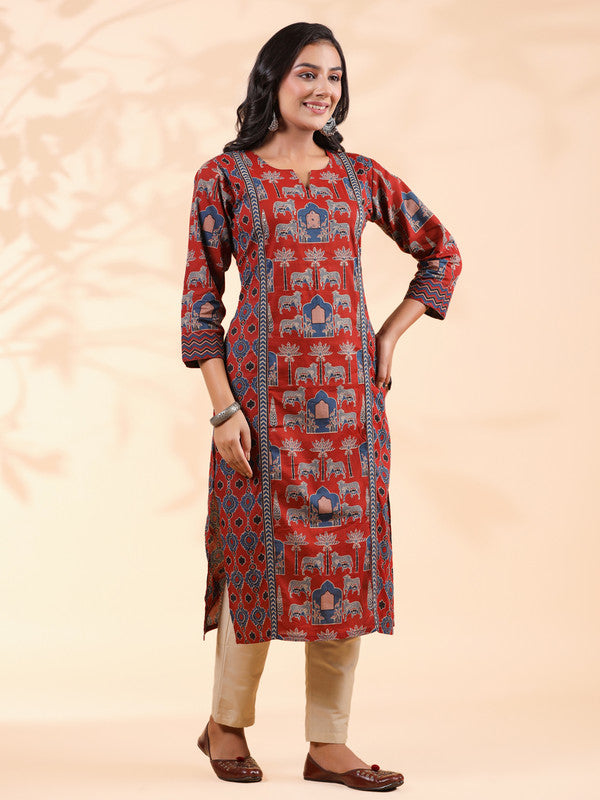 Red Animal Print Straight Cotton Stitched Kurta