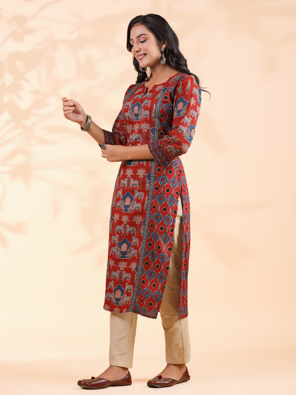 Red Animal Print Straight Cotton Stitched Kurta